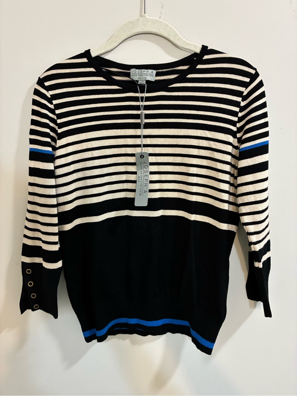 Joseph A NWT Black, Cream & Blue Striped Scoopneck Sweater Petite Small